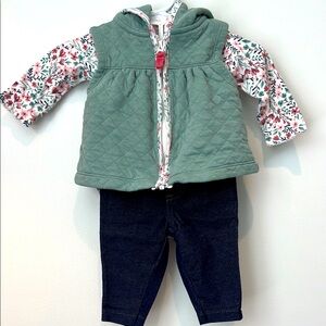 Carters 3-piece Set.  Floral bodysuit, pants and hoodie vest/sweater.  Size 3M.
